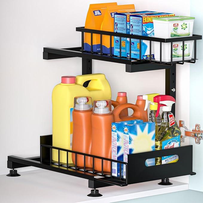 Under Sink Organizer, 2-Tier Premium Metal Pull-Out Racks with Adjustable Height, Heavy Duty Sliding Bin for Bathroom and Kitchen Cabinet Storage, Rust Resistant 1 Pack - ModernBath