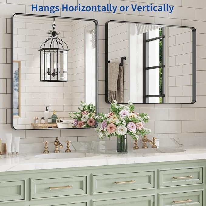 WEER Black Bathroom Vanity Mirror 20X28 Inch, Rounded Rectangle Black Metal Framed Mirror for Over Sink Wall, Farmhouse Matte Black Mirror, Tempered Glass, Anti-Rust, Hangs Horizontal or Vertical - ModernBath
