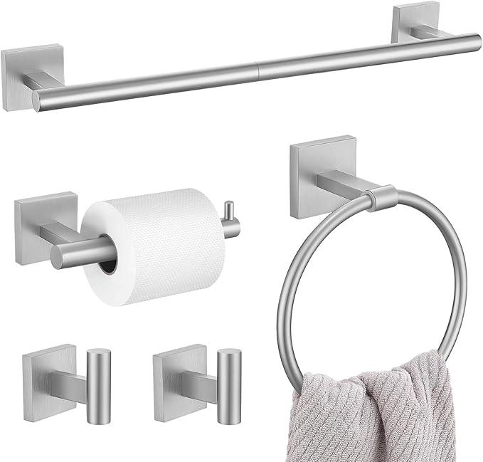 5 Pieces Bathroom Hardware Set, Brushed Nickel Towel Bar Set Includes 23.6” Towel Bar, Towel Ring Holder, Toilet Paper Holder and Two Towel Hooks, Bathroom Accessories Set SUS304 Wall Mounted - ModernBath