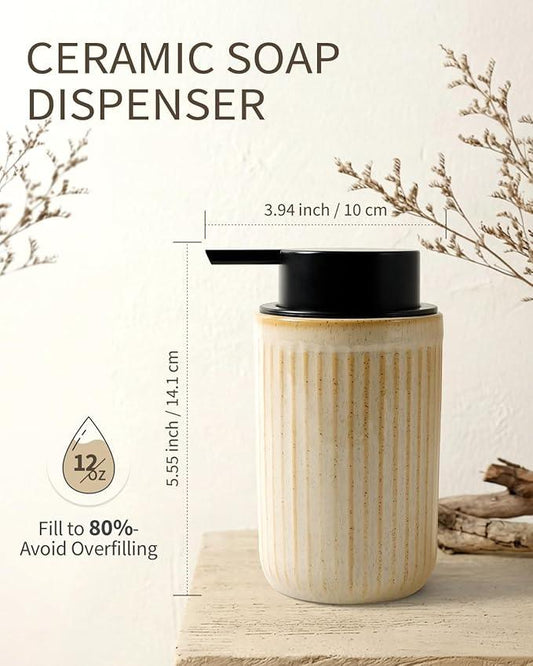BosilunLife Dish Hand Soap Dispenser - Liquid Pump Soap Dispenser for Bathroom Deco 12oz Ceramic Kitchen Dish Dispenser with Rust-Proof Liquid Pump Modern Refillable Lotion Bottles, Greige - ModernBath