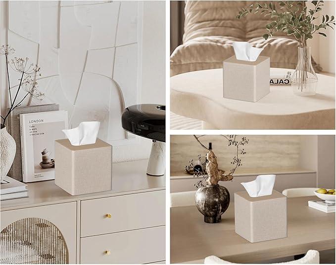 GOLRANLYE Tissue Box Cover Square PU Leather Facial Tissue Box Holder for Dresser Bathroom Decor (Beige) - ModernBath