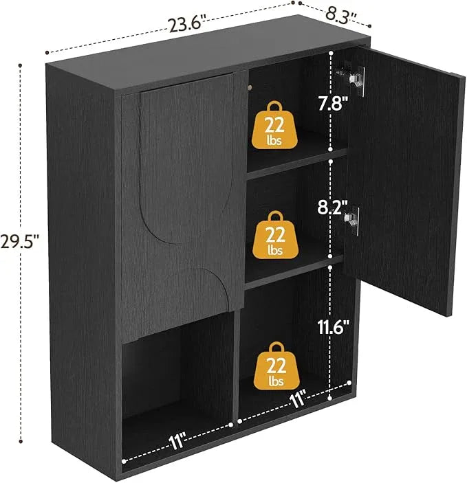 Bathroom Wall Cabinet, 24x30 Inch Small Over The Toilet Storage Cabinet, Black Space Saver Hanging Wall Mounted Medicine Cabinet Organizer with 2 Doors, Open Adjustable Shelf for Laundry Room Kitchen - ModernBath