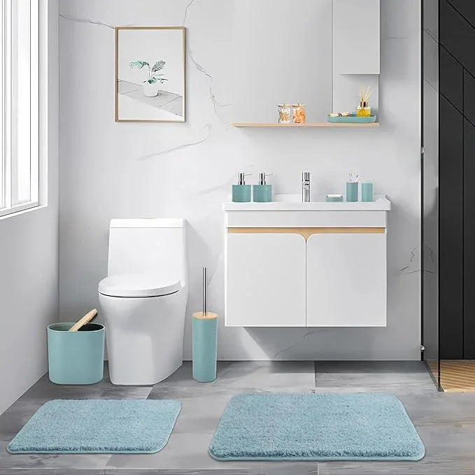 XLHOMO Bathroom Set - Light Blue Bathroom Accessories Set, Bathroom Sets with Shower Curtain and Rugs, 25PC Shower Curtain Set with Hooks, Soap Dispenser, Soap Dish, Toilet Brush Holder and Trash Can - ModernBath
