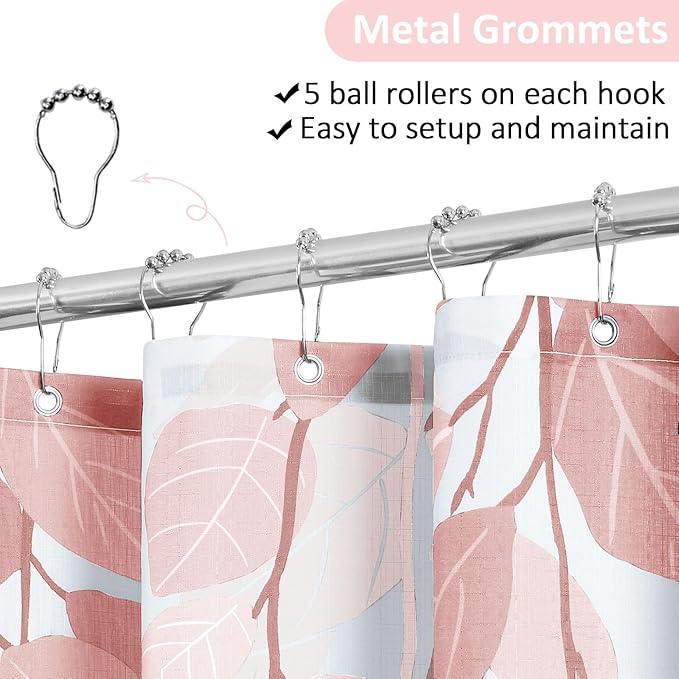 BOODII Pink Leaf Shower Curtain for Bathroom Botanical Eucalyptus Nature Eucalyptus Shower Curtain Set Floral Leaves Waterproof Bathroom Bath Curtains with Hooks 72x72 - ModernBath