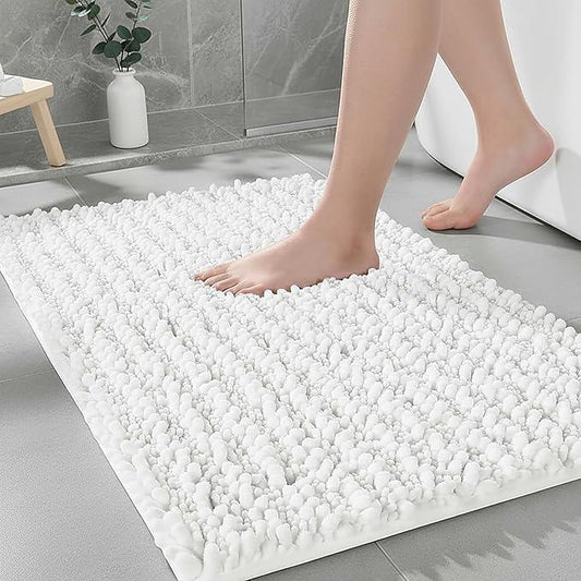 Ruggnovea Chenille Bathroom Rugs Non Slip Washable 32x20, Extra Thick Soft Absorbent Chenille Bath Mat, Non-Slip Barrier Backing, Quick Dry Machine Washable Bath Mats Tub, Shower,Floor/Sink,White - ModernBath