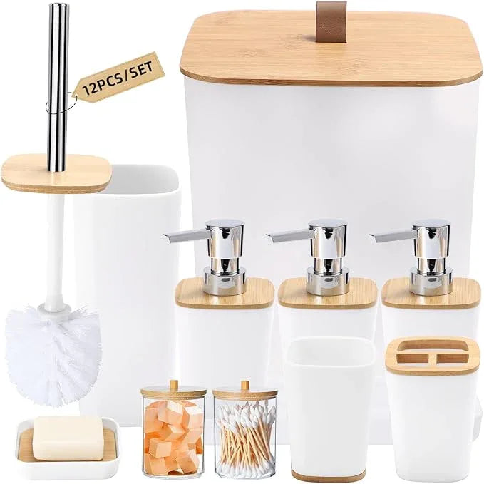 XLHOMO White Bathroom Accessories, Bathroom Accessories Set with Trash Can, Soap Dispenser, Toothbrush Holder, Toothbrush Cup, Soap Dish, Toilet Brush, Tray and Q-tip Holders for Housewarming - ModernBath