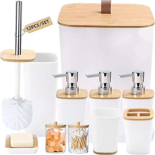 XLHOMO White Bathroom Accessories, Bathroom Accessories Set with Trash Can, Soap Dispenser, Toothbrush Holder, Toothbrush Cup, Soap Dish, Toilet Brush, Tray and Q-tip Holders for Housewarming - ModernBath