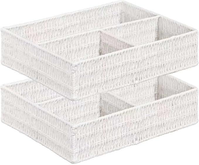 Vagusicc Wicker Divided Storage Basket, White Wicker Baskets, Basket for Shelves Drawer Organizing, 3 Section Rectangular Woven Storage Baskets, 2-Pack - ModernBath