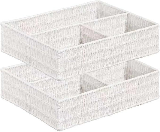 Vagusicc Wicker Divided Storage Basket, White Wicker Baskets, Basket for Shelves Drawer Organizing, 3 Section Rectangular Woven Storage Baskets, 2-Pack - ModernBath