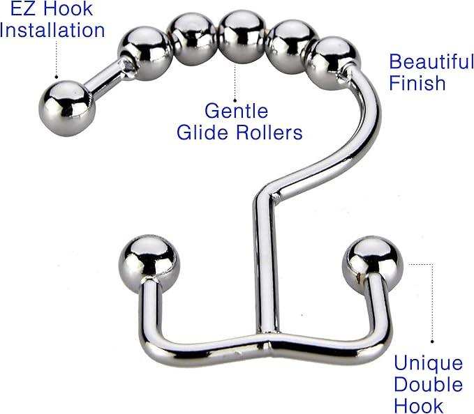 2lbDepot Shower Curtain Rings Hooks - Chrome Finish - Premium 18/8 Stainless Steel - Double Hooks with Easy Glide Rollers Rust Resistant Metal Hook, Six Finishes Available - Set of 12 for Shower Rods - ModernBath
