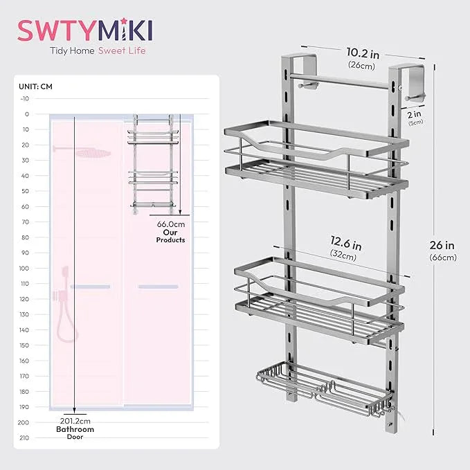 SWTYMIKI Over the Door Shower Caddy - 3 Tier Adjustable Shower Organizer Hanging with Soap Holder, No Drilling Stainless Steel Bathroom Rack Hanging for Body Wash, Shampoo, Soap, Razor, Silver - ModernBath
