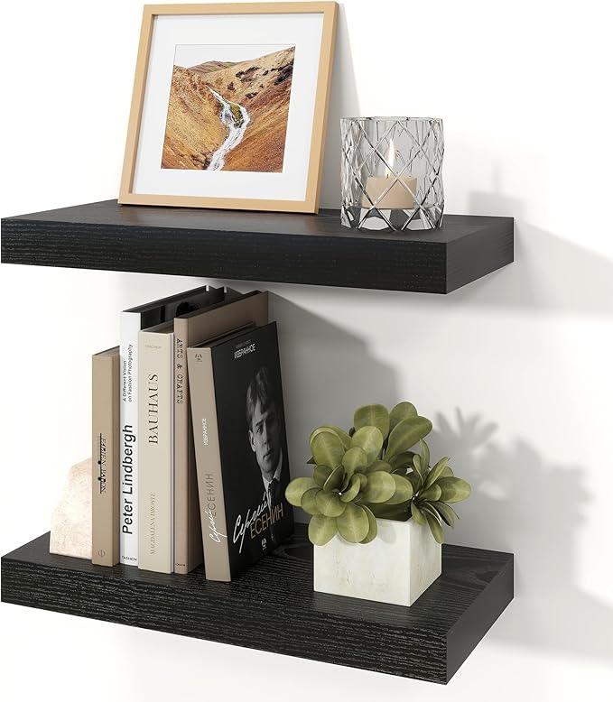 Floating Shelves for Wall, Wall Mounted Rustic Wood Shelves for Bathroom, Bedroom, Living Room, Kitchen, Hanging Shelf for Books/Storage/Room Decor (Black, 16") - ModernBath