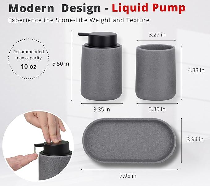 Clasin Home Grey Bathroom Accessories Set, 3 Pcs Resin Bathroom Accessories Complete Set, Sandstone Look Soap Dispenser with Large Pump, Toothbrush Cup, Soap Dish for Modern Home Decor and Kitchen - ModernBath