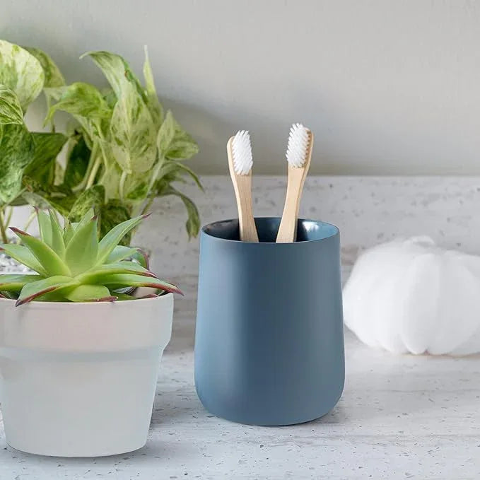Yew Design Matte Blue Toothbrush and Toothpaste Holder and Cup for Bathroom Vanity and Countertop, Round Organizer for Electric Toothbrushes, Floss, Razors, Cotton, and Mouthwash - ModernBath