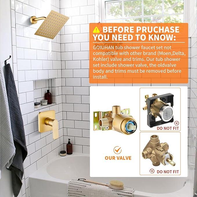 Brushed Gold Shower Faucet Single Function Trim Kit with Rough-in Valve Set Bath Rainfall Shower System 8inch Square Stainless Steel Metal Shower Head - ModernBath