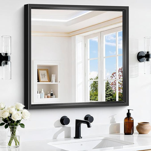 CIVENO 24x24 Square Black Mirror, Bathroom Mirrors for Over Sink 0.6" Thickened Deep Frame, Brushed Black Rectangle Mirrors for Wall, Shatterproof Tempered Glass, Antirust, Horizontally or Vertically