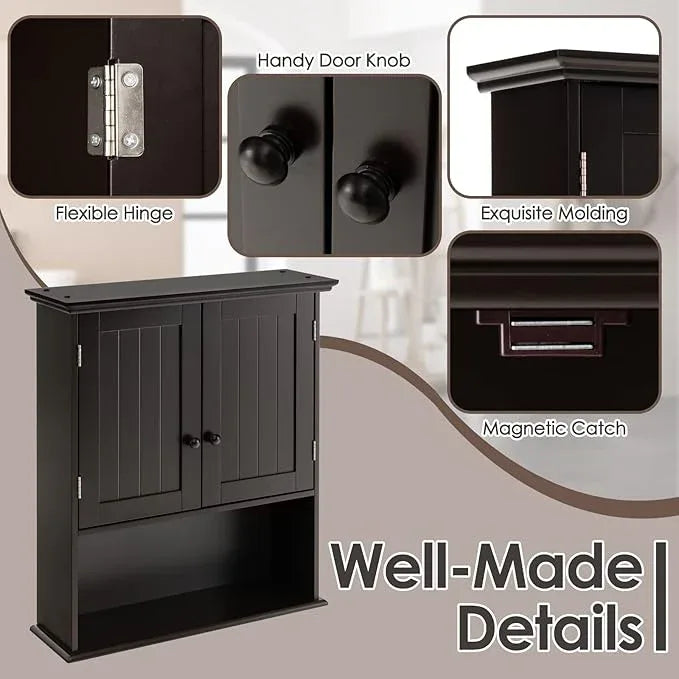 Tangkula Wall Mount Bathroom Cabinet Wooden Medicine Cabinet Storage Organizer with 2-Doors and 1-Shelf Cottage Collection Wall Cabinet (Espresso) - ModernBath