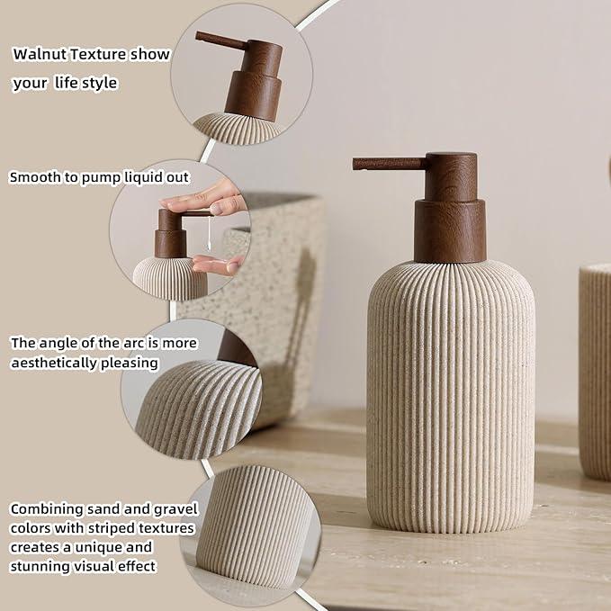 WUUAHOME Bathroom Accessories Set, 5 PCS Sandstone Look Stripe Modern Bath Organizer with Soap Dispenser, Toothbrush Holder, Tumbler, Soap Dish, Candle Holder for Countertop Kitchen Sink (Beige) - ModernBath