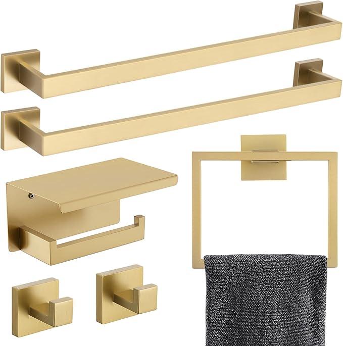 TNOMS 6-Piece Bathroom Hardware Set 23.6 Inch Gold Towel Bar Set Double Towel Bar Towel Ring Coat Hook and Toilet Paper Holder with Shelf Wall Mounted Stainless Steel Bathroom Accessories Set - ModernBath