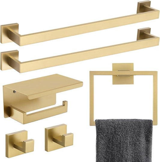 TNOMS 6-Piece Bathroom Hardware Set 23.6 Inch Gold Towel Bar Set Double Towel Bar Towel Ring Coat Hook and Toilet Paper Holder with Shelf Wall Mounted Stainless Steel Bathroom Accessories Set - ModernBath
