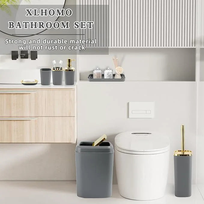 XLHOMO Bathroom Set - Grey and Gold Bathroom Accessories Set, Bathroom Sets with Shower Curtain and Rugs, Grey Shower Curtain Set with Bathroom Trash Can, Soap Dispenser, Soap Dish for Home Decor - ModernBath