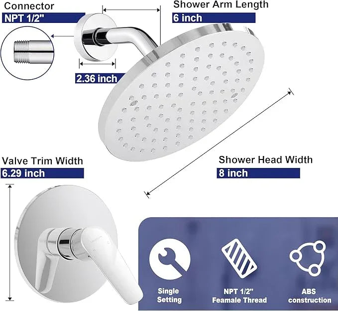 Lavatrum Chrome Shower Head and Handle Set Single Spray Premium Wall Mount 8 Inch Polish Rainfall Round Shower Faucet with Rough-in Valve and Trim Kit for Bathroom（1.8GPM) - ModernBath