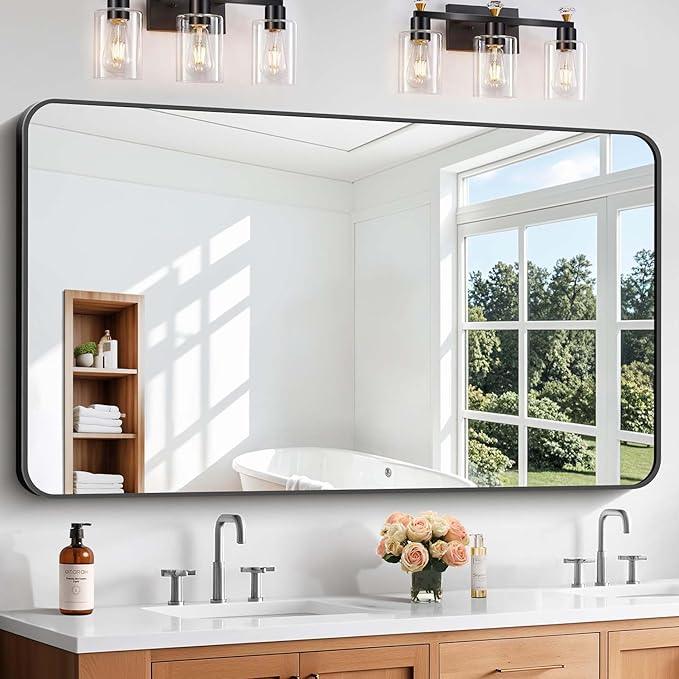 CIVENO Bathroom Mirror, 30"x55" Black Rectangle Wall Mirror, Metal Frame Rounded Corner Vanity Mirror, Large Wall Mounted Mirror for Modern Bedroom Living Room Horizontal Or Vertical Mounting - ModernBath