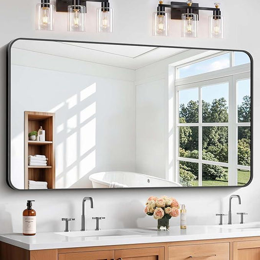 CIVENO Bathroom Mirror, 30"x55" Black Rectangle Wall Mirror, Metal Frame Rounded Corner Vanity Mirror, Large Wall Mounted Mirror for Modern Bedroom Living Room Horizontal Or Vertical Mounting - ModernBath