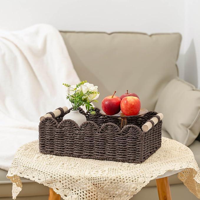 CubesLand Paper Rope Scalloped Edge Shelves Storage Basket, Woven Toilet Paper Baskets for Over Toilet Storage Shelf, Ending Table, Floating Shelves Organizing or Home Décor, with Wood Handle, Brown - ModernBath