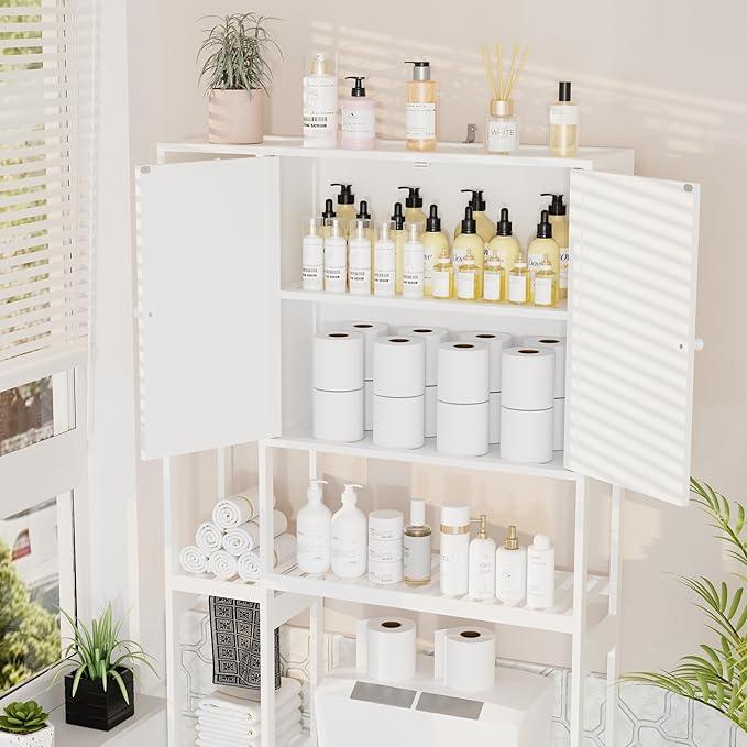 Bamboo Over The Toilet Storage, Above Toilet Organizer Storage Shelf, Tall Freestanding Behind Toilet Rack, Tiered Bathroom Space Saver Shelving, Easy Assembly (White) - ModernBath