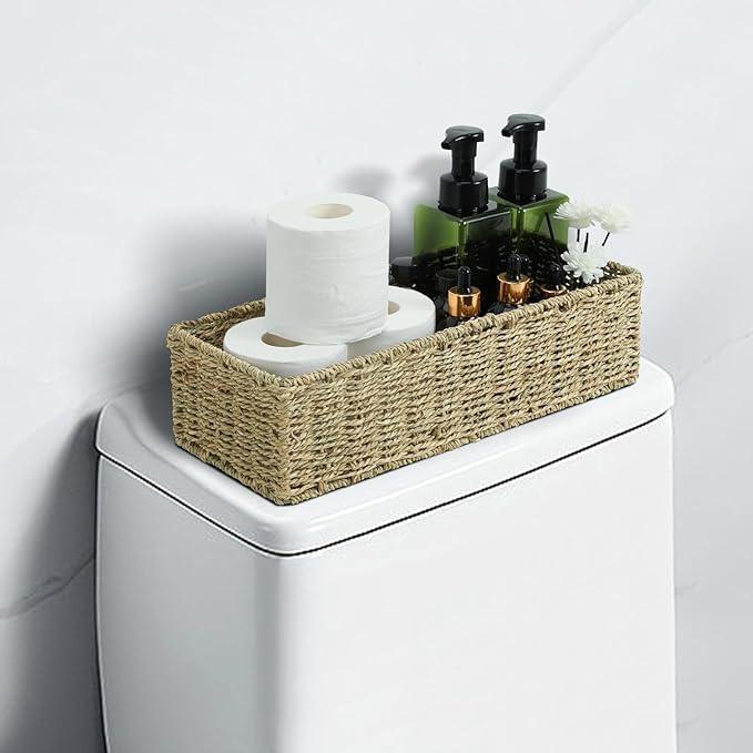[2-Pack] Seagrass Storage Baskets, Rectangle Wicker Containers, Wicker Toilet Basket Tank Topper, Handwoven Natural Storage Baskets for Shelves, Bathroom, Bedroom (16" x 6.5" x 4.3") - ModernBath