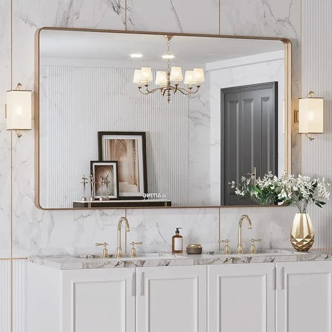 LOAAO 48”X30” Gold Bathroom Mirror, Rounded Rectangle Gold Frame Mirror, Brushed Gold Bathroom Vanity Mirror Wall-Mounted, Anti-Rust, Tempered Glass, Hangs Horizontally or Vertically - ModernBath