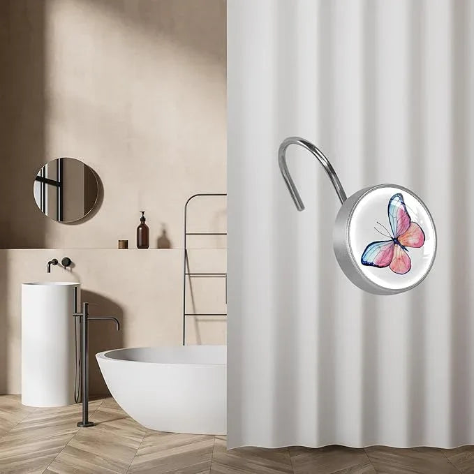 12 Pcs Decorative Shower Curtain Hooks, Rust Proof Glass Surface Stainless Steel Rings for Bathroom Bedroom Kitchen Home Bath Room Rods Decor (Pink Blue Watercolor Butterfly) - ModernBath