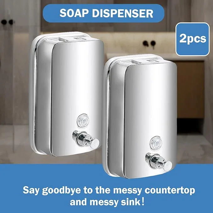 2 Pack 1000ml Hand Soap Dispenser, Commercial Soap Dispenser Wall Mounted, Stainless Steel Refillable Soap Liquid Dispenser for Bathrooms, Toilets, Hotels, Restaurants (Silver) - ModernBath