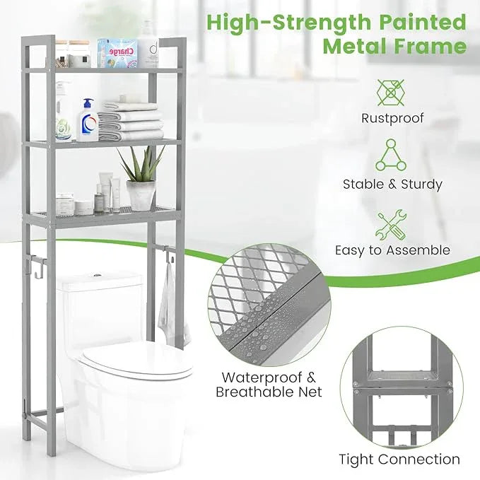 Giantex Over The Toilet Storage Rack, 3-Tier Metal Bathroom Organizer with 3 Hooks, Adjustable Bottom Bar, Anti-Tippling Devices, Freestanding Toilet Space-Saver for Bathroom, Laundry (Gray) - ModernBath