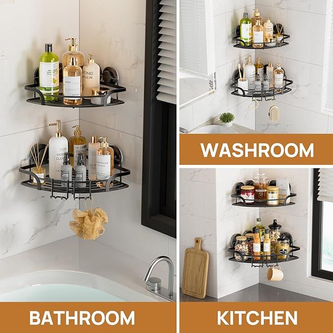 LEVERLOC 2 Pack Strong Suction Cup Corner Shower Caddy, Large Capacity Removable Bathroom Organizer, Stainless Steel Rustproof Shower Shelves with Hook, Drill-Free Wall Mounted Suction Basket, Black - ModernBath