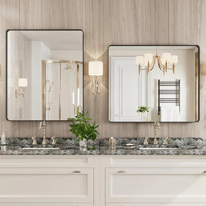 JISOSO Black Bathroom Mirror 30X36 Inch, Black Metal Framed Mirror for Wall, Rounded Rectangle Matte Bathroom Vanity Mirror with Tempered Glass, Anti-Rust, Horizontal/Vertical - ModernBath