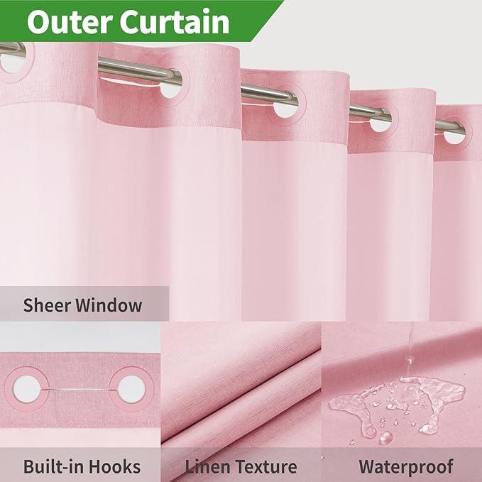 eachope Long No Hooks Needed Linen Textured Shower Curtain with Snap-in Fabric Liner Set,Hotel Luxury Decor Shower Curtains for Bathroom,Waterproof & Washable,71Wx80H,Pink - ModernBath
