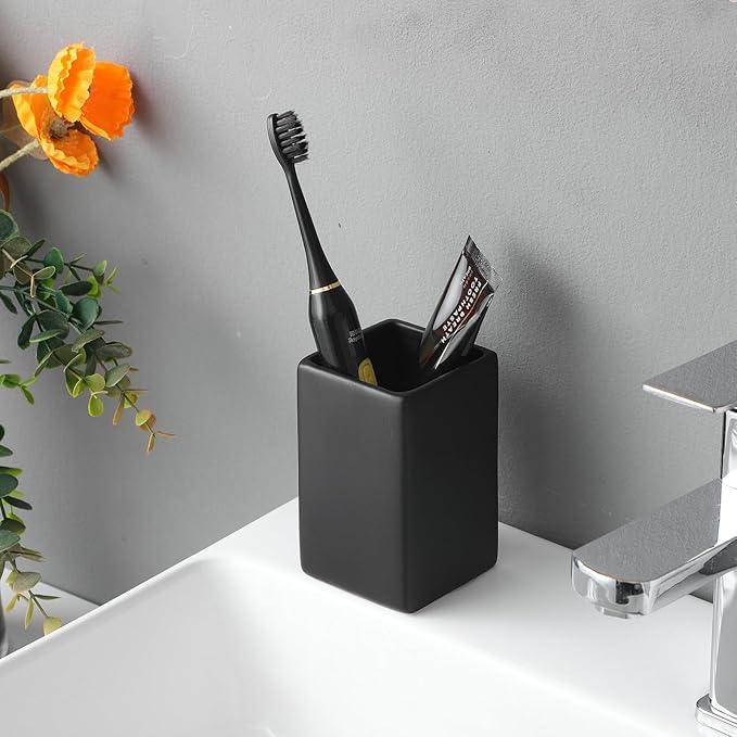 Ceramic Black Square Toothbrush Holder for Bathrooms - 1 Cup Square Toothbrush Toothpaste Holders, Bathroom Tumbler Cup Reusable Toothbrush Mouthwash Cup, Bathroom Counter Organizer. - ModernBath