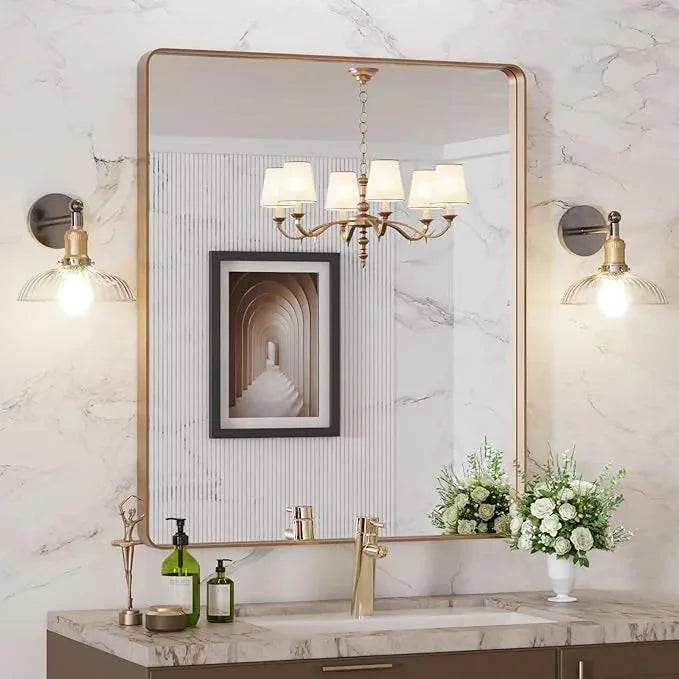 LOAAO 30”X36” Gold Bathroom Mirror, Rounded Rectangle Gold Frame Mirror, Brushed Gold Bathroom Vanity Mirror Wall-Mounted, Anti-Rust, Tempered Glass, Hangs Horizontally or Vertically - ModernBath