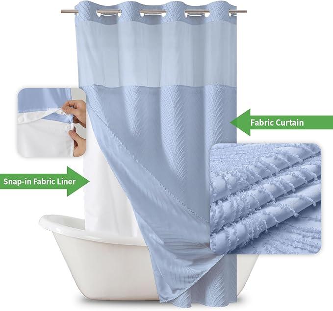 eachope stall no Hook Tufted Shower Curtain with snap in Liner Set, White Waterproof Fabric Inner Liner,Boho Style Shower Curtain with See Through top Window, FrostBlue, 54Wx80H - ModernBath