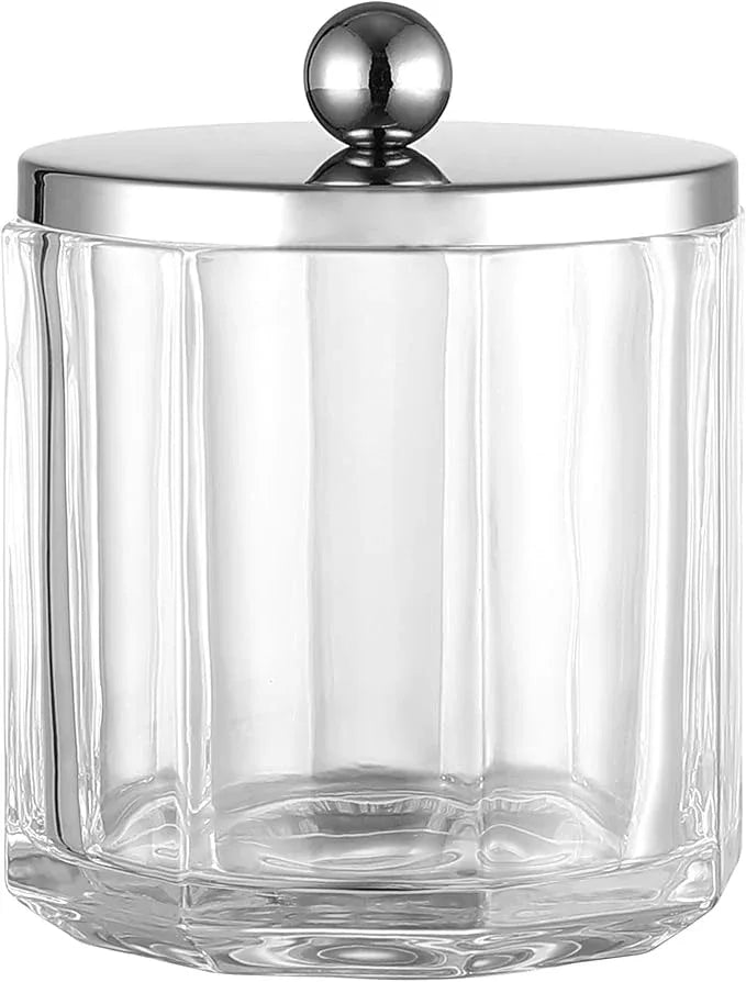 Indecor Home Clear Transparent Apothecary Octagional Shaped Glass Canister Jar With Silver/Chrome Metal Lid Cover for Bathroom Organization, Cotton Balls, Q Tips, and Small Accessories, Bath Storage - ModernBath