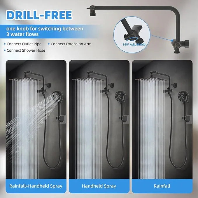 All Metal Shower Head, 8" High Pressure Rainfall/Handheld Shower Combo with 11" Extension Arm, 10-Spray Handheld Showerhead, 71" Long Hose, 3-Way Diverter Valve, Oil Rubbed Bronze - ModernBath