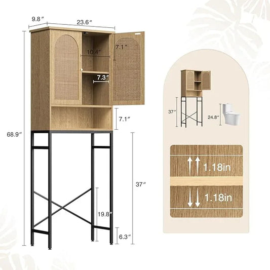 Rattan Toilet Storage Cabinet, Over The Rack Wood Cabinet with Metal Stand, Bathroom Organizer with Adjustable Shelf, Tall Freestanding Washer Shelf, Small Cupboard, Natural - ModernBath