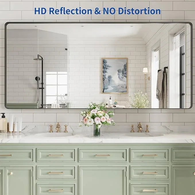 WEER Black Bathroom Mirror for Wall, 77X36 Inch Matte Black Mirror, Rectangular Black Metal Framed Vanity Mirror with Tempered Glass, Rounded Corner, Anti-Rust (Horizontal/Vertical) - ModernBath