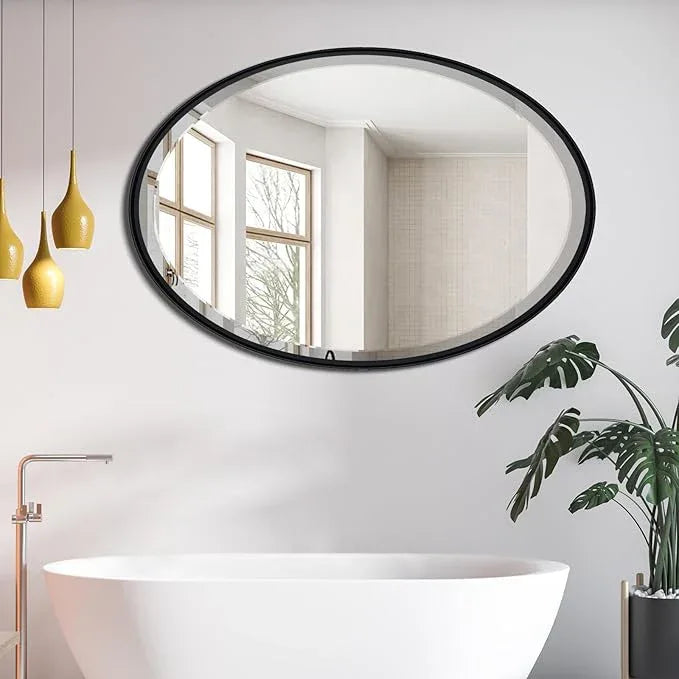 POZINO Oval Beveled Mirror, 24"x36" Bathroom Vanity Mirror for Over Sink, Matte Black Modern Rounded Wall Mirror for Living Room Entryway Bedroom Hallway Fireplace, Hangs Horizontal Or Vertical - ModernBath