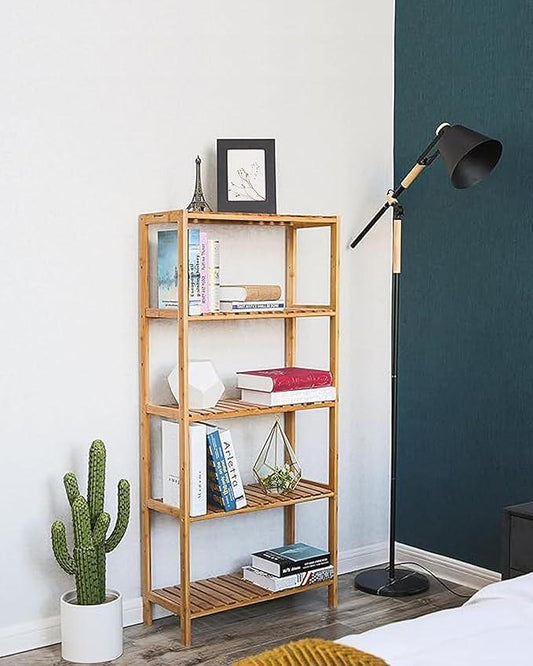 SONGMICS Bamboo Storage Shelf, 5-Tier Shelving Unit, Multifunctional, in The Entryway, Bathroom, Living Room, Balcony, Kitchen, 10.2 x 23.6 x 51.2 Inches, Light Bamboo UBCB35Y - ModernBath