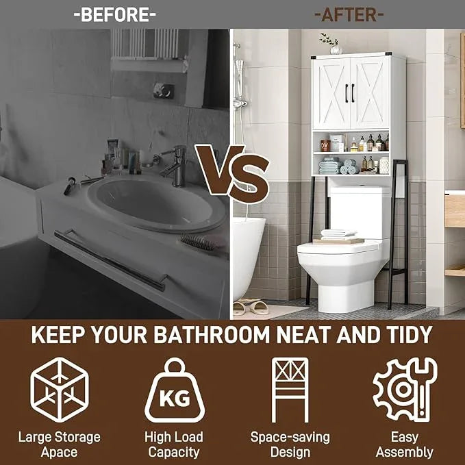 Vabches Over The Toilet Storage Cabinet, Farmhouse Over Toilet Storage Cabinet, Metal Frame with 2 Barn Doors, Home Space-Saving Toilet Rack for Bathroom, Toilet, Laundry Room - ModernBath