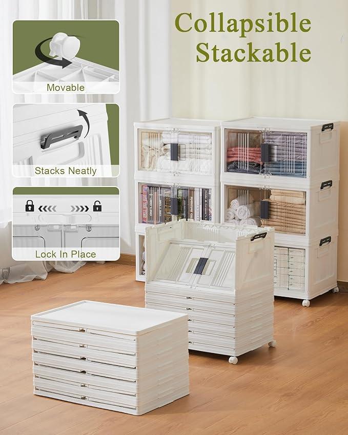 OlarHike 48QT Stackable Storage Bins with Lids - Folding Storage Boxes with Doors and Wheels, Collapsible Plastic Storage Organizer for Closets, Storage and Organization, 6 Pack Cubes - ModernBath