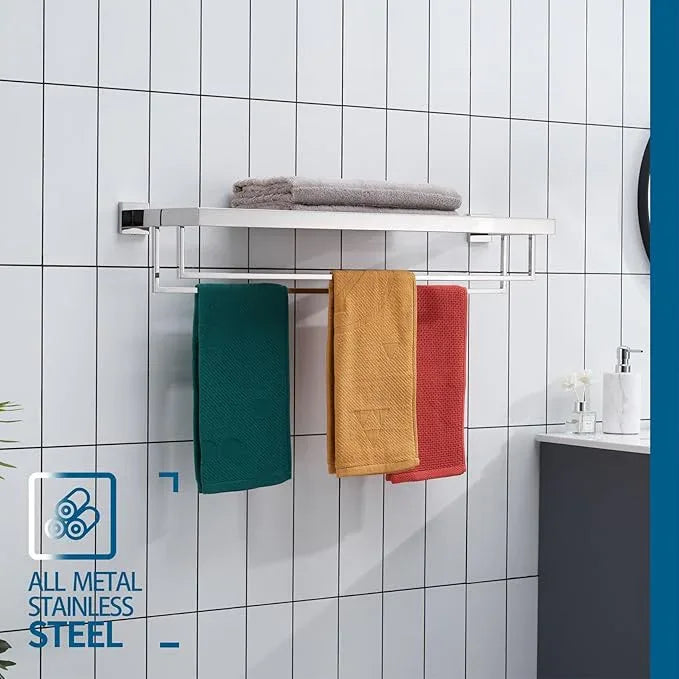 KOKOSIRI 32'' Bathroom Towel Shelf Chrome Towel Rack with Two Bath Towel Bars SUS304 Stainless Steel Wall Mounted, Polished Finish B6003CH-L32 - ModernBath
